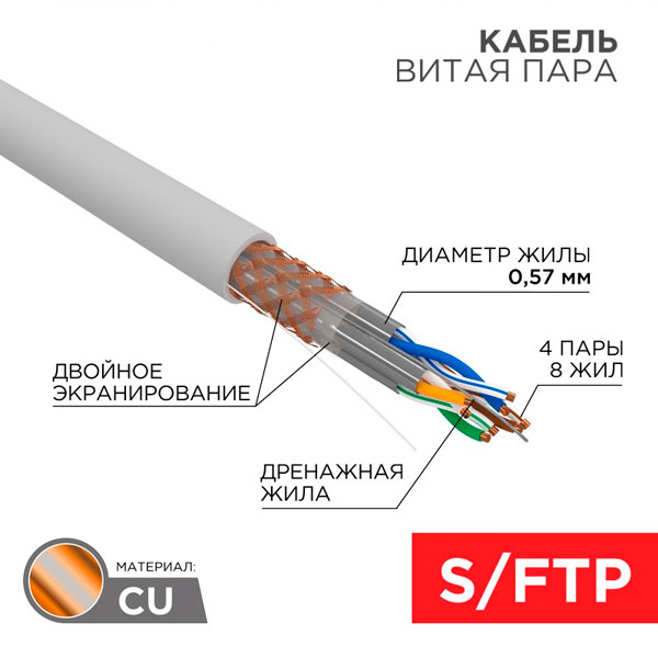 (02-0325) Кабель витая пара S/FTP, CAT 6A, LSZH нг(А)-HF, 4PR, 23AWG, INDOOR, SOLID, серый, 305м, серия PRO REXANT