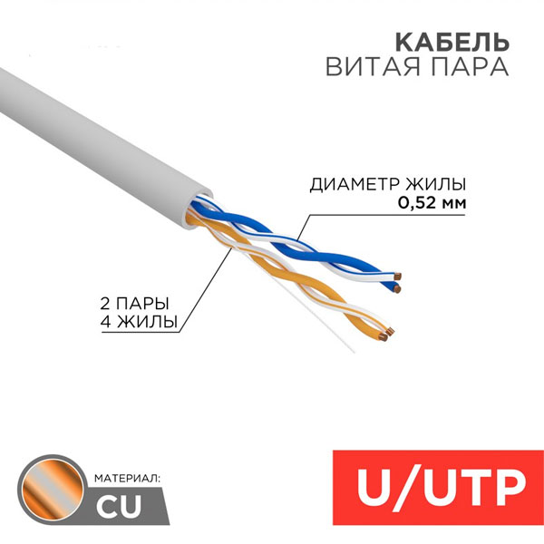 (02-0002) Кабель витая пара U/UTP, CAT 5e, LSZH нг(А)-HF, 2PR, 24AWG, INDOOR, SOLID, серый, 305м, серия PRO REXANT