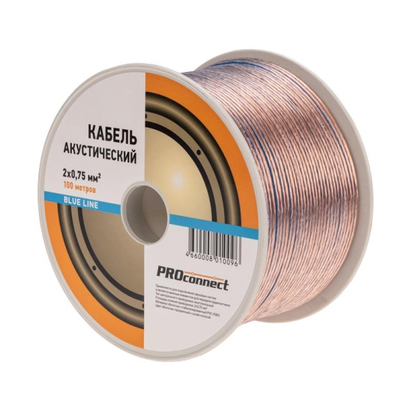 (01-6204-6) Кабель акустический, 2х0.75 мм², прозрачный BLUELINE, 100 м. PROCONNECT