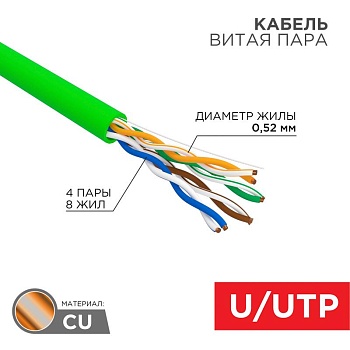 (01-0061) Кабель витая пара U/UTP, CAT 5e, нг(А)-LSLTx, 4х2х0,52мм, 24AWG, INDOOR, SOLID, зеленый, 305м REXANT