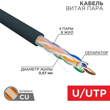 (01-0058) Кабель витая пара U/UTP, CAT 6, PE, 4PR, 23AWG, OUTDOOR, SOLID, черный, 305м REXANT