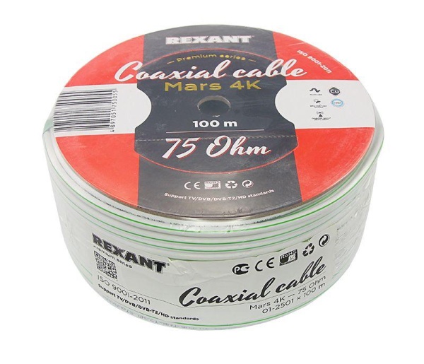 (01-2501) Кабель MARS 4K, Cu/Al/CuSn, (96%), 75 Ом, 100м., белый REXANT