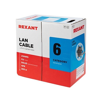 (01-0067) Кабель витая пара U/UTP, CAT 6, LSZH нг(А)-HF, 4PR, 23AWG, INDOOR, SOLID, серый, 305 м, REXANT