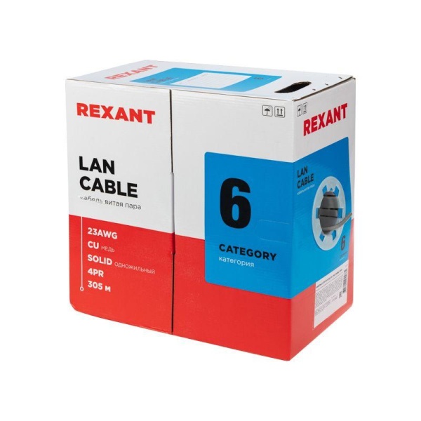 (01-0067) Кабель витая пара U/UTP, CAT 6, LSZH нг(А)-HF, 4PR, 23AWG, INDOOR, SOLID, серый, 305 м, REXANT