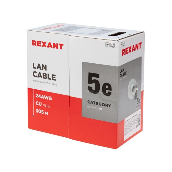 (01-0059) REXANT LIGHT Кабель витая пара U/UTP, категория 5e, ZH нг(А)-HF, 4PR, 24AWG, внутренний, серый, 305 м (01-0059) REXANT LIGHT Кабель витая пара U/UTP, категория 5e, ZH нг(А)-HF, 4PR, 24AWG, внутренний, серый, 305 м