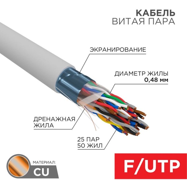 (01-1201-R) Кабель витая пара F/UTP, CAT 5е, PVC, 25PR, 24AWG, INDOOR, SOLID, серый, 305м, РФ REXANT