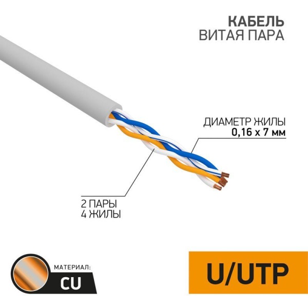 (01-0026) Кабель UTP 2PR 24AWG CAT5e 305м STRANDED REXANT