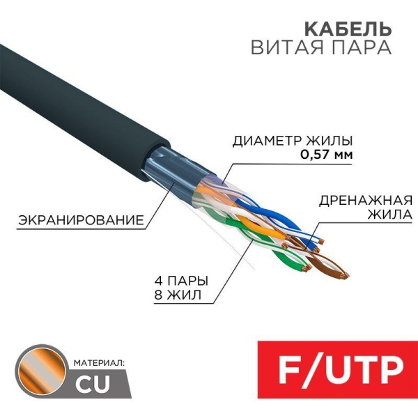 (01-0158) Кабель витая пара F/UTP, CAT 6, PE, 4PR, 23AWG, OUTDOOR, SOLID, черный, 305м REXANT (01-0158) Кабель витая пара F/UTP, CAT 6, PE, 4PR, 23AWG, OUTDOOR, SOLID, черный, 305м REXANT