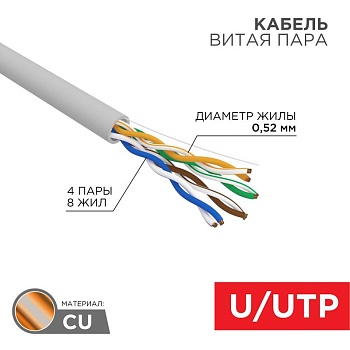 (02-0005) Кабель витая пара U/UTP, CAT 5e, PVC, 4х2х0,52 мм, 24AWG, INDOOR, SOLID, серый, 305 м, REXANT PRO