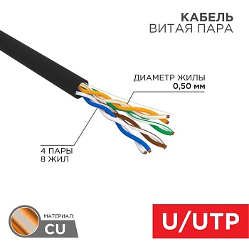 (01-0045-R) Кабель витая пара U/UTP, CAT 5e, PE, 4PR, 24AWG, OUTDOOR, SOLID, черный, 305м, РФ REXANT