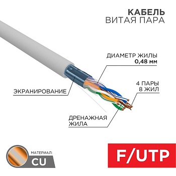 (01-0152-R) Кабель витая пара F/UTP, CAT 5е, PVC, 4PR, 24AWG, INDOOR, SOLID, серый, 305м, серия LIGHT, РФ REXANT