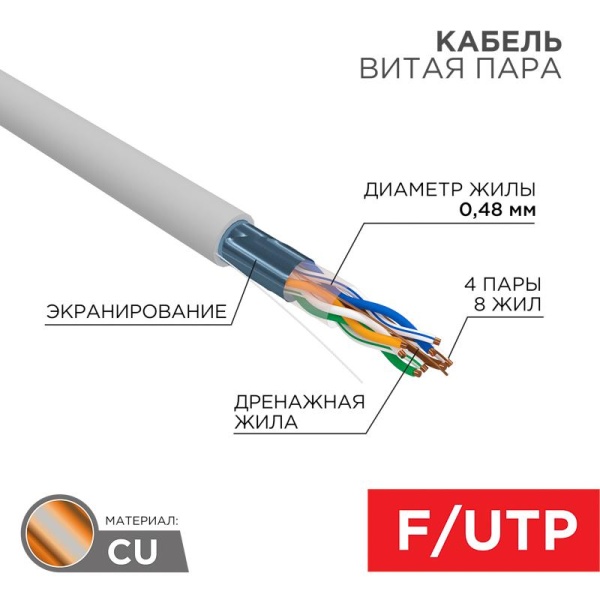 (01-0152-R) Кабель витая пара F/UTP, CAT 5е, PVC, 4PR, 24AWG, INDOOR, SOLID, серый, 305м, серия LIGHT, РФ REXANT