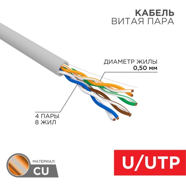 (01-0041-R) Кабель витая пара U/UTP, CAT 5e, PVC нг(А)-LS, 4х2х0,52мм, 4PR, 24AWG, INDOOR, SOLID, серый, 305м, РФ REXANT