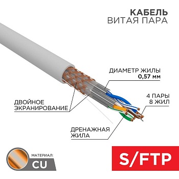 (02-0325) Кабель витая пара, S/FTP, CAT 6A, ZH нг(А)-HF, 4х2х0,575мм, 23AWG, INDOOR, SOLID, серый, 305м REXANT PRO