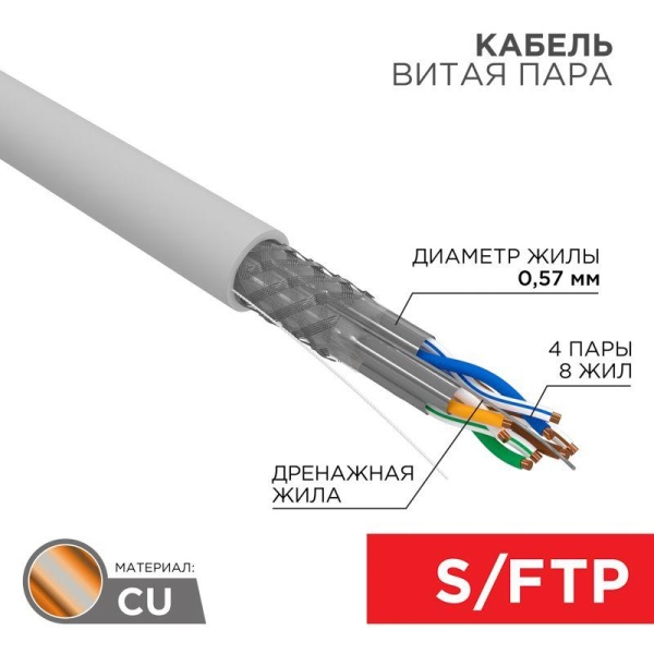 (01-0542) Кабель SSTP 4PR 23AWG CAT7 305м REXANT (01-0542) Кабель SSTP 4PR 23AWG CAT7 305м REXANT